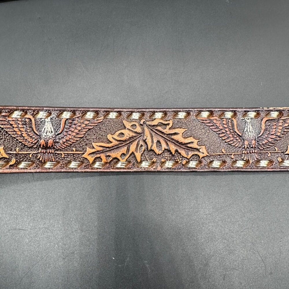 Vintage Leather Belt Eagle Leaf Western Personalized Ron Size 44 Handmade Retro - Picture 4 of 9